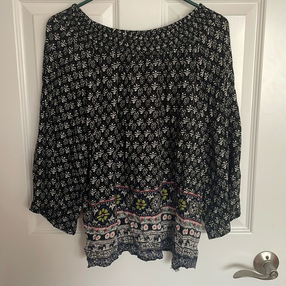 Black Multicolor Boho Tribal Patterned 3/4 Sleeve Blouse Top - Picture 4 of 5